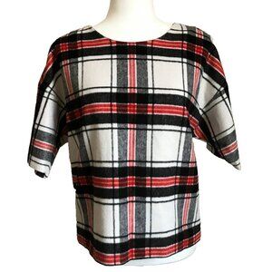 LORD & TAYLOR 424 Fifth Sweater Top Size Small Black Gray Red Plaid Wool Blend